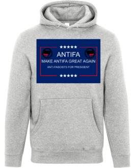 Make Antifa Great Again anti-fascist unisex premium hoodie in Heather Grey with campaign-style ANTIFA Anti-Fascists For President parody design