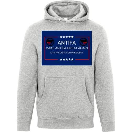 Make Antifa Great Again anti-fascist unisex premium hoodie in Heather Grey with campaign-style ANTIFA Anti-Fascists For President parody design
