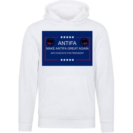 Make Antifa Great Again anti-fascist unisex premium hoodie in White with campaign-style ANTIFA Anti-Fascists For President parody design