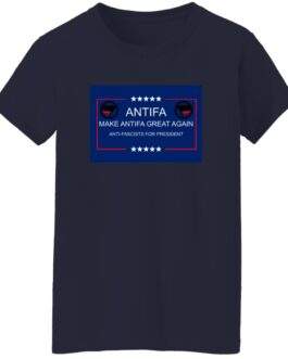 Make Antifa Great Again anti-fascist women's missy fit tee in Navy with campaign-style ANTIFA Anti-Fascists For President parody design