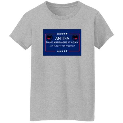Make Antifa Great Again anti-fascist women's missy fit tee in Sport Grey with campaign-style ANTIFA Anti-Fascists For President parody design