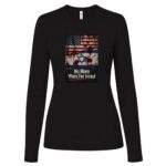 No More Wars For Israel Bloody Flags women's anti-war long sleeve tee in Black with blood-splattered American and Israeli flag design