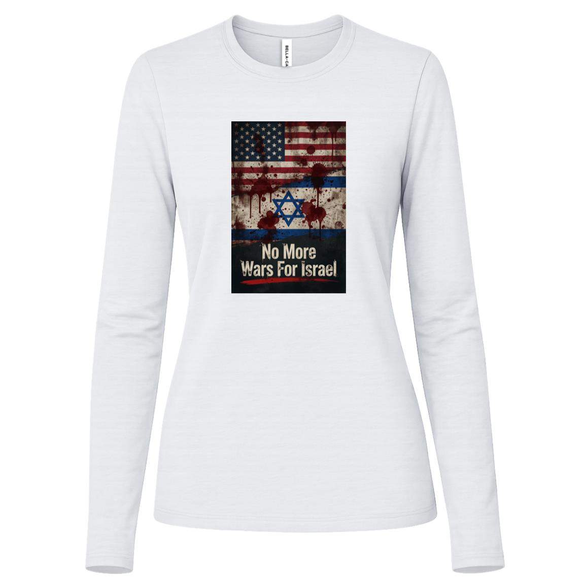 No More Wars For Israel Bloody Flags women's anti-war long sleeve tee in White with blood-splattered American and Israeli flag design