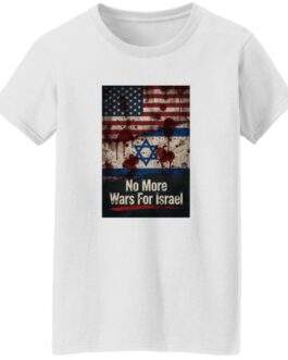 No More Wars For Israel Bloody Flags women's anti-war t-shirt in White with blood-splattered American and Israeli flag design