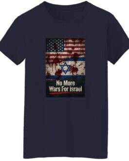 No More Wars For Israel Bloody Flags women's anti-war t-shirt in Navy with blood-splattered American and Israeli flag design