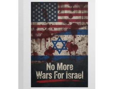 No More Wars For Israel Bloody Flags anti-war framed canvas wall art with blood-splattered American and Israeli flag design