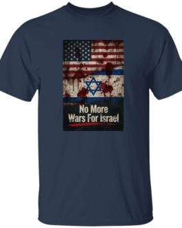 No More Wars For Israel Bloody Flags anti-war t-shirt in Navy with blood-splattered American and Israeli flag design