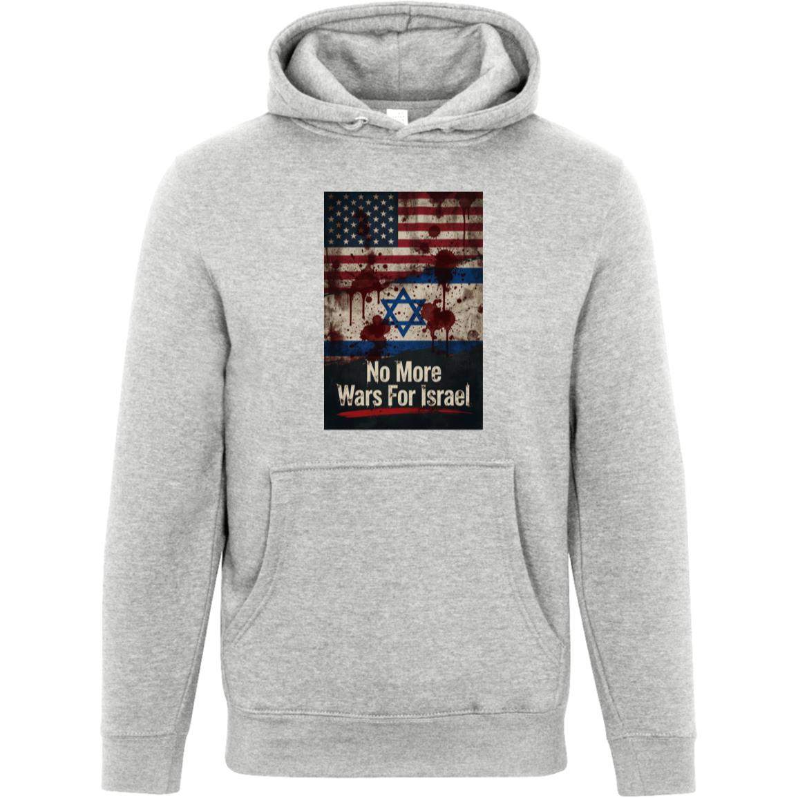 No More Wars For Israel Bloody Flags anti-war unisex premium hoodie in Heather Grey with blood-splattered American and Israeli flag design