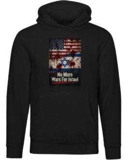 No More Wars For Israel Bloody Flags anti-war unisex premium hoodie in Black with blood-splattered American and Israeli flag design