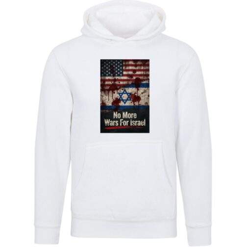 No More Wars For Israel Bloody Flags anti-war unisex premium hoodie in White with blood-splattered American and Israeli flag design