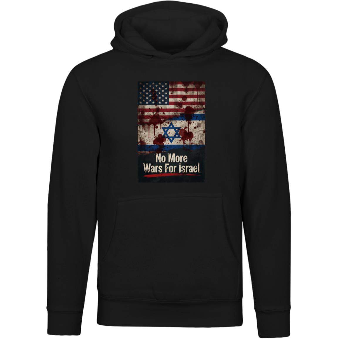 No More Wars For Israel Bloody Flags anti-war unisex premium hoodie in Black with blood-splattered American and Israeli flag design