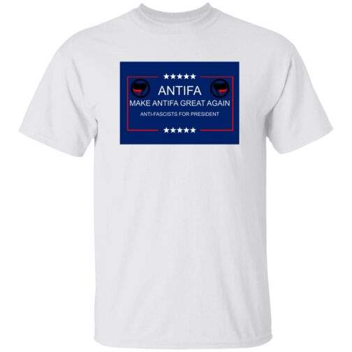 Make Antifa Great Again anti-fascist heavy cotton tee in White with campaign-style ANTIFA Anti-Fascists For President parody design