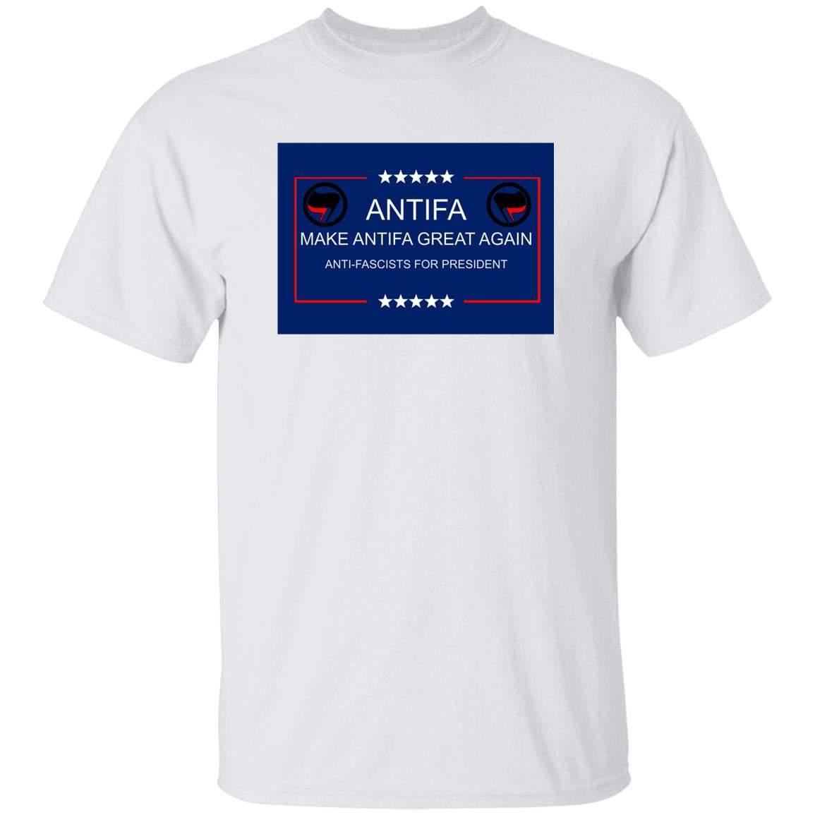 Make Antifa Great Again anti-fascist heavy cotton tee in White with campaign-style ANTIFA Anti-Fascists For President parody design