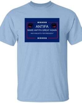 Make Antifa Great Again anti-fascist heavy cotton tee in Light Blue with campaign-style ANTIFA Anti-Fascists For President parody design