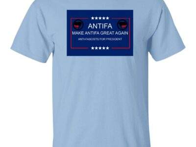 Make Antifa Great Again anti-fascist heavy cotton tee in Light Blue with campaign-style ANTIFA Anti-Fascists For President parody design