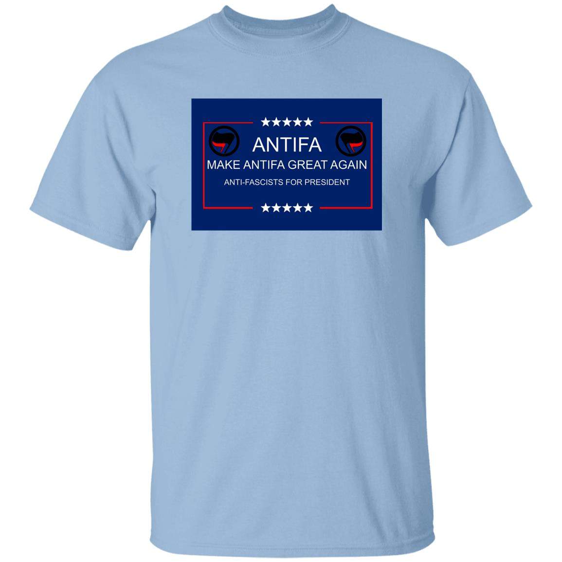 Make Antifa Great Again anti-fascist heavy cotton tee in Light Blue with campaign-style ANTIFA Anti-Fascists For President parody design