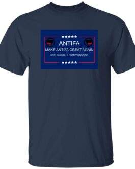 Make Antifa Great Again anti-fascist heavy cotton tee in Navy with campaign-style ANTIFA Anti-Fascists For President parody design