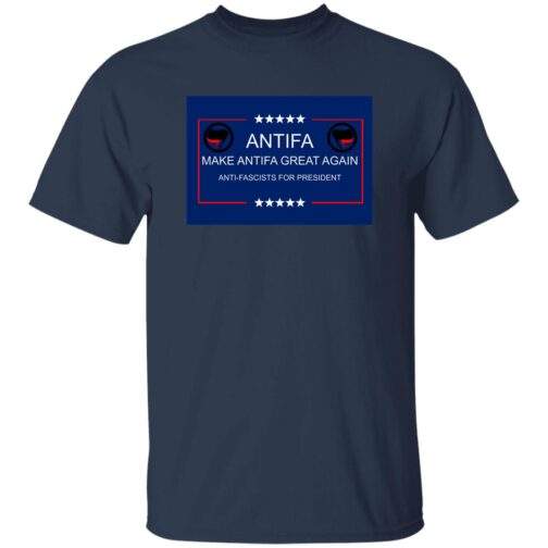 Make Antifa Great Again anti-fascist heavy cotton tee in Navy with campaign-style ANTIFA Anti-Fascists For President parody design