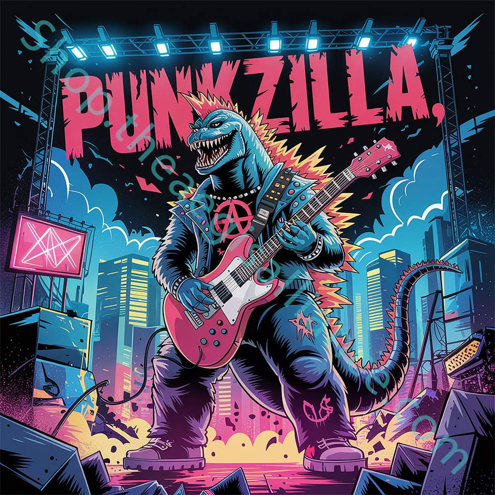 Men's long sleeve shirt featuring a vibrant Punkzilla Godzilla graphic with a red electric guitar and anarchist symbols, set against a city skyline.